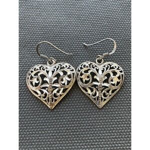 Vintage 925 Sterling Silver Dangle Filigree Heart Earrings Estate Jewelry
